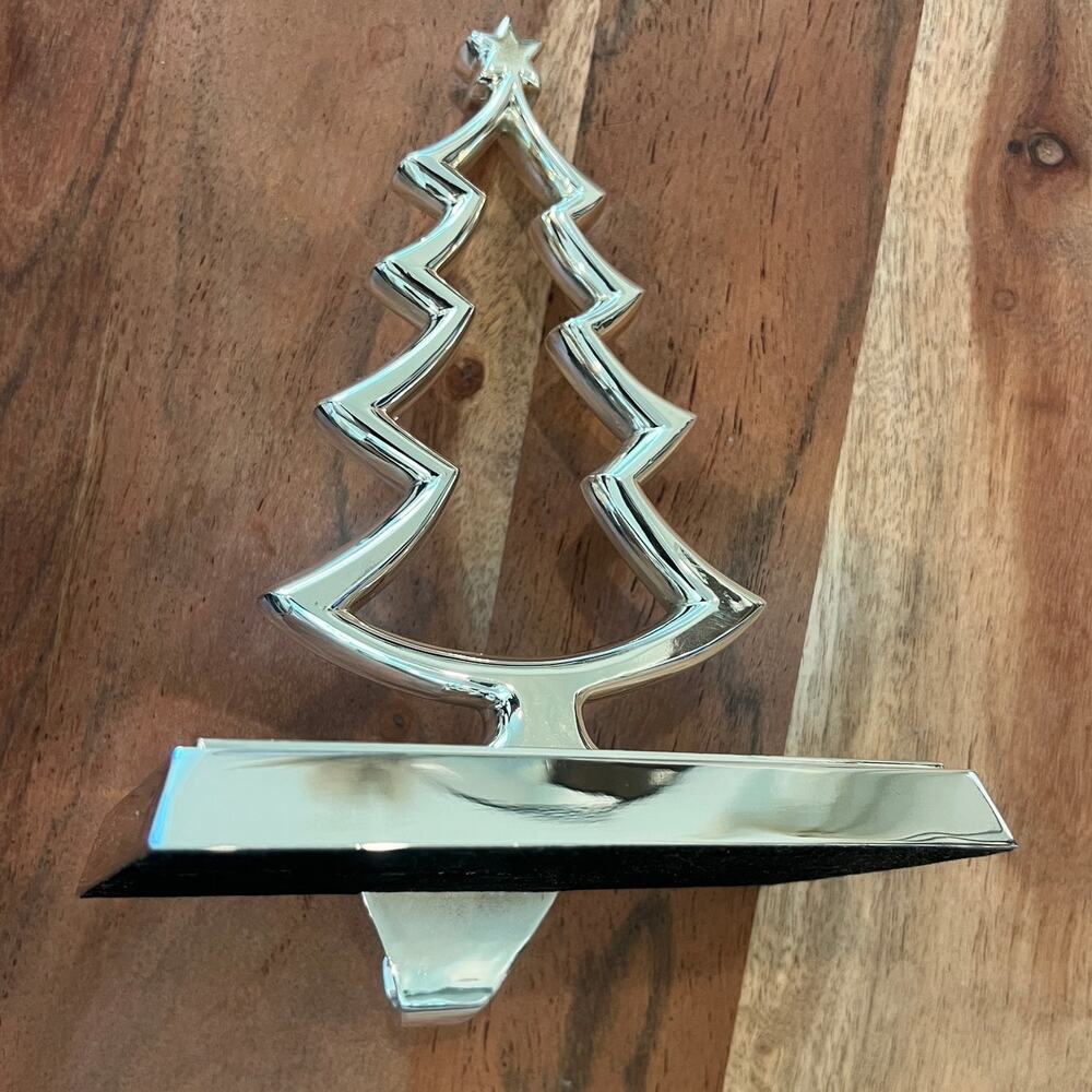 silver-tone metal Christmas tree stocking holder Pottery Barn Mantel